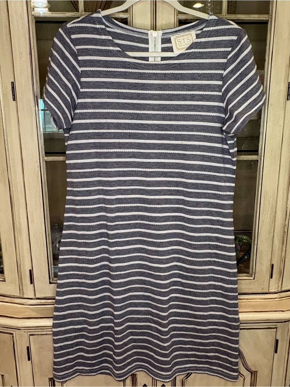 Sail to Sable Navy and White Striped Midi Shift Dress with Gold Zipper